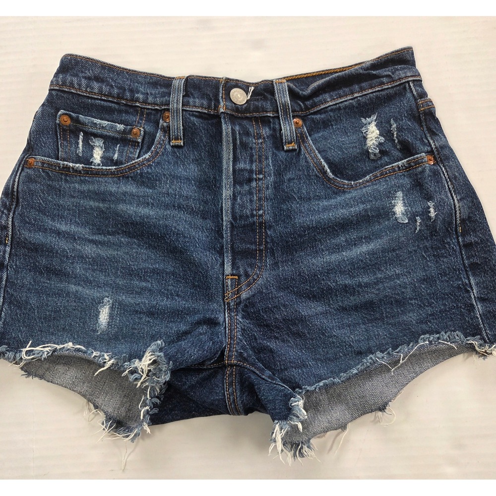 Levis Premium 501 Original High Rise Distressed Denim Shorts Dark Wash Size 27